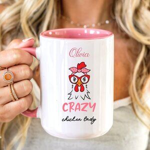 Crazy Chicken Lady 15oz Mug, Pink Cup, Custom Name (optional)